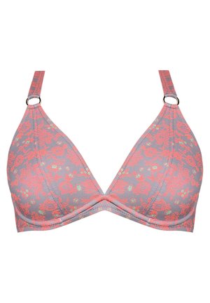 Szary biustonosz w kwiatowy wzór z koralowymi akcentami, z trójkątnym kształtem miseczek i regulowanymi ramiączkami z metalowymi elementami.