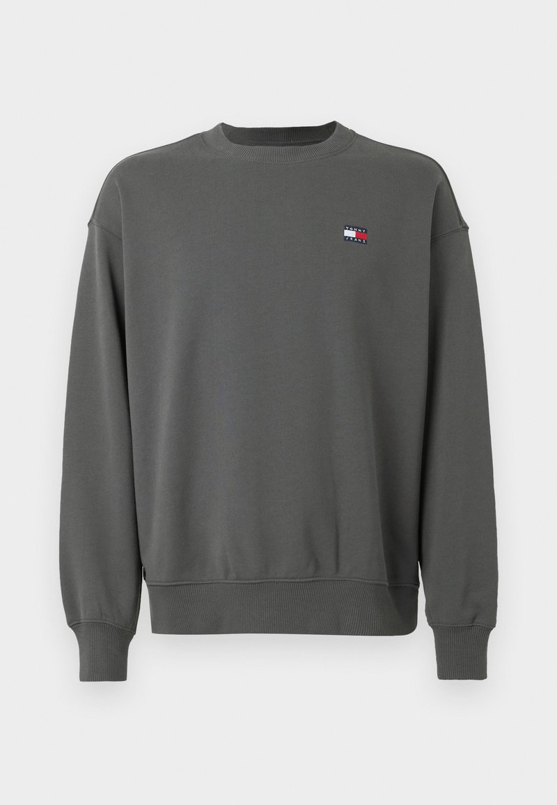 Gray sweatshirt with a round neckline, ribbed cuffs, and hem. Features a small color-block logo on the left chest. Smooth fabric texture.