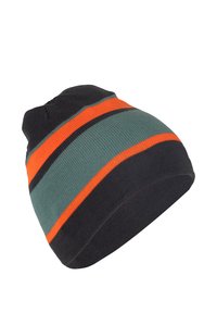 Knit beanie in dark gray, featuring horizontal stripes in teal and orange. Rounded top with slight texture and a snug fit.