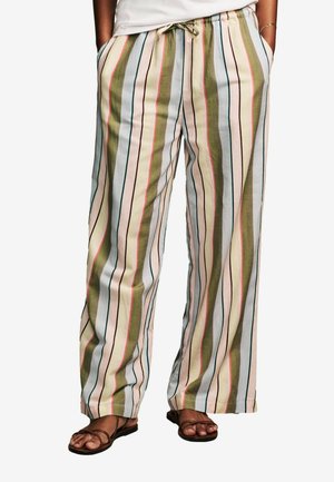 Pantaloni largi cu dungi din material ușor, având dungi verticale în nuanțe de verde, roz și albastru, cu talie elastică și șnur de ajustare.