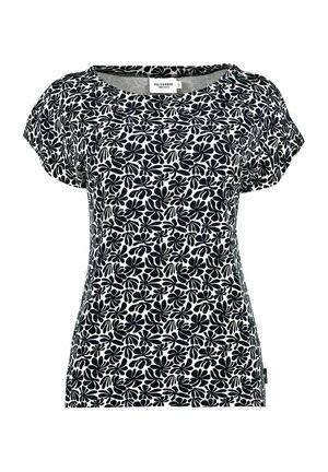 Top scurt cu mâneci, cu un model floral alb-negru și decolteu larg, fabricat dintr-un material ușor, având un design relaxat.