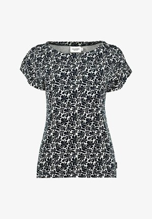 Schwarz-weiße Bluse mit Blumenmuster und kurzen Ärmeln, weit geschnittenem Ausschnitt, aus leichtem Stoff und mit entspanntem Schnitt.