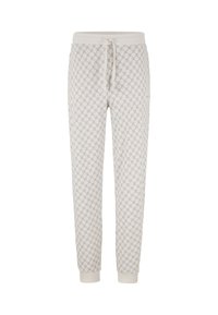 Pantalons de jogging gris clair en tissu doux, ornés d'un motif géométrique, avec une taille élastique munie d'un cordon de serrage et des poignets côtelés.