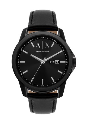 Schwarze Armani Exchange Armbanduhr mit Lederarmband, silbernen Stundenmarkierungen, drei Zeigern und digitaler Tages- und Datumsanzeige mit "FRI 21."