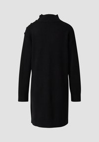 Zwart gebreide jurk met een hoge ribbelkraag en lange mouwen. Kenmerkt zich door decoratieve knopen langs één schouder en ribbelmanchetten.