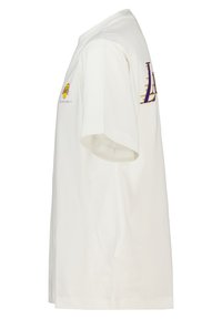 White cotton t-shirt with short sleeves, featuring a purple and yellow sports logo on the front and stylized text on the back.