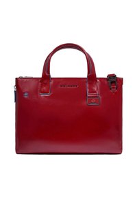 Rode leren handtas met een strakke rechthoekige vorm, twee handvatten, contrasterende blauwe stiksels en een afneembare schouderriem.