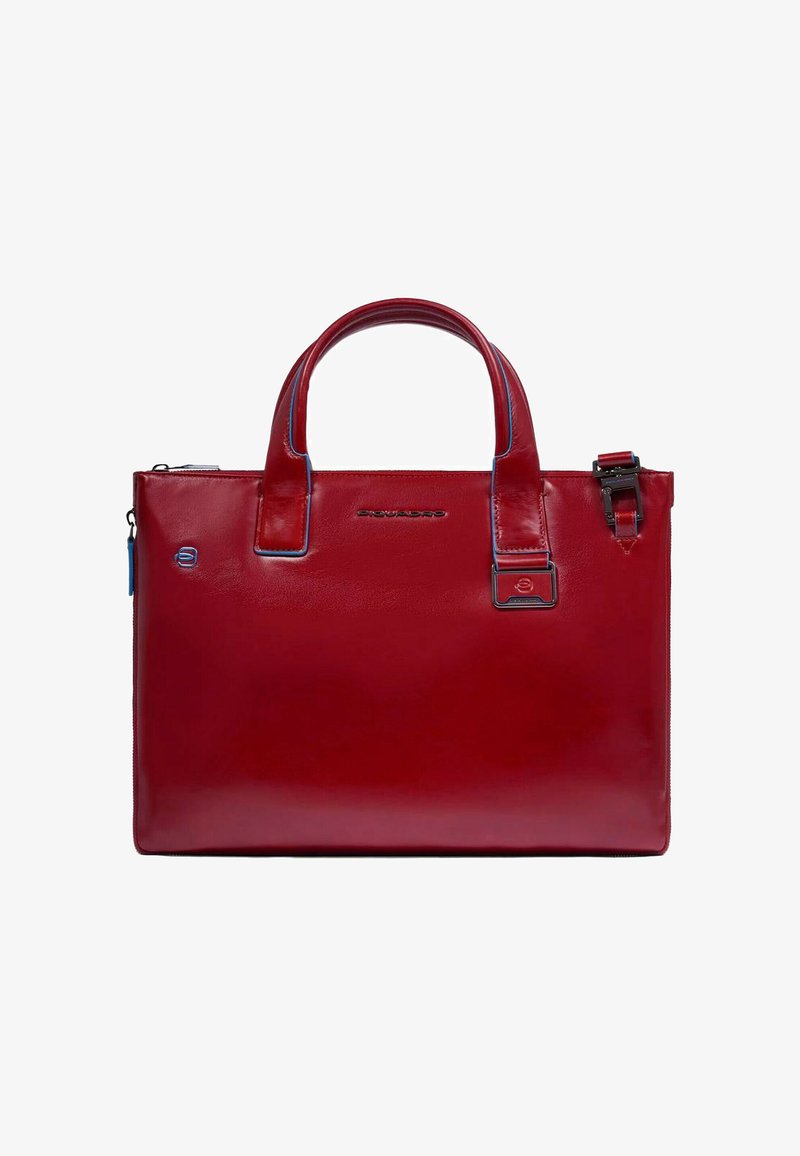 Rode leren handtas met een strakke rechthoekige vorm, twee handvatten, contrasterende blauwe stiksels en een afneembare schouderriem.