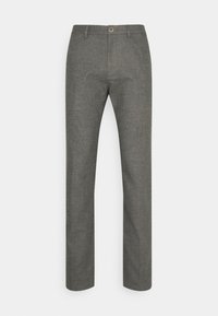 Gray tailored trousers made of smooth fabric, featuring a button closure, straight cut, and no visible patterns or embellishments.