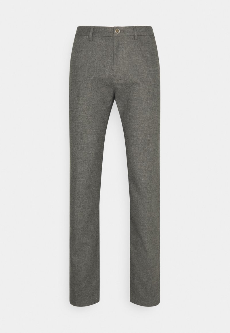 Gray tailored trousers made of smooth fabric, featuring a button closure, straight cut, and no visible patterns or embellishments.