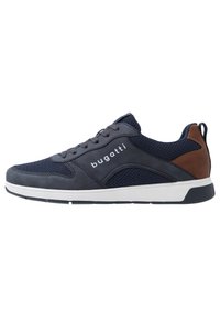 Navy blue athletic shoes featuring a mix of mesh and suede materials, white outsole, brown accents, and a lace-up design with branding.