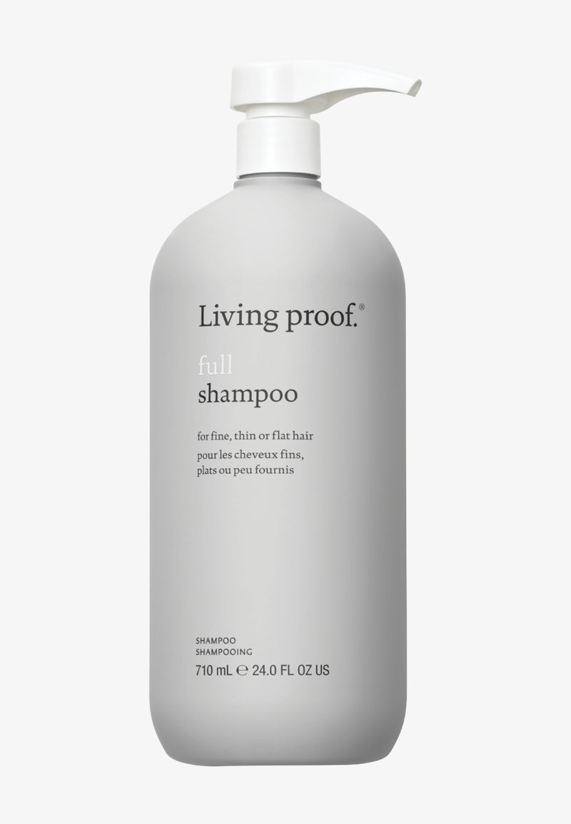 Living Proof Full Shampoo flaske med pumpe, for fint, tynt eller flatt hår, 710 ml (24 fl oz) kapasitet, grå emballasje med svart tekst.