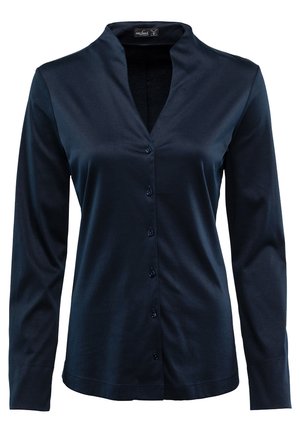 Navyblaues Langarm-Hemd mit Knopfleiste und Kragen, gefertigt aus einem glatten Stoff, mit einer Knopfverschluss und einem geraden Saum.