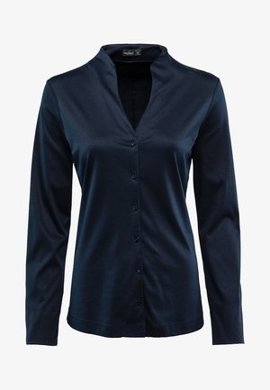 Navyblaues Langarm-Hemd mit Knopfleiste und Kragen, gefertigt aus einem glatten Stoff, mit einer Knopfverschluss und einem geraden Saum.