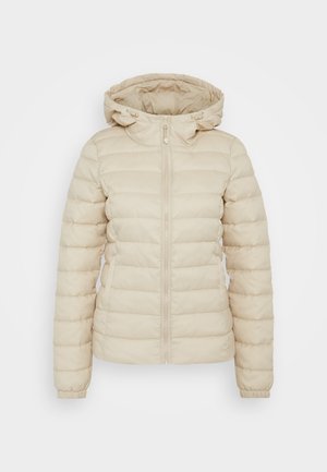Beige padded jacket featuring a zip front, adjustable hood, elastic cuffs, and a quilted pattern for insulation.