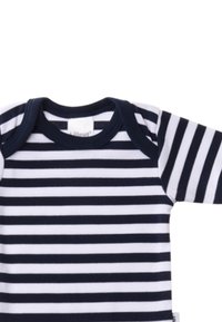 Navy and white striped short-sleeve bodysuit with a crew neckline; soft fabric with smooth texture; features a label on the lower side.