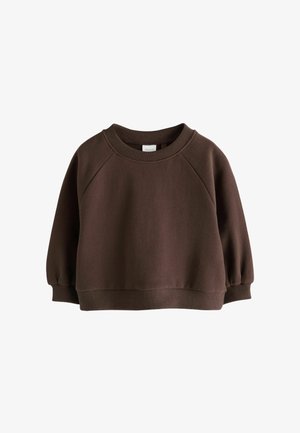 Mørkebrun langærmet sweatshirt med rund halsudskæring, ribstrikkede manchetter og kant, vist på en hvid baggrund.