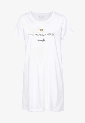 Weißes Baumwoll-T-Shirt-Kleid mit kurzen Ärmeln, mit einem goldenen Herz über dem Text "DU LÄSST MEIN HERZ LÄCHELN" in Schwarz.