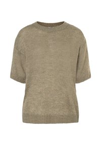 Beige kurzärmeliger Strickpullover mit geripptem Rundhalsausschnitt, Bündchen und Saum, der ein weiches, strukturiertes Gewebe zeigt.