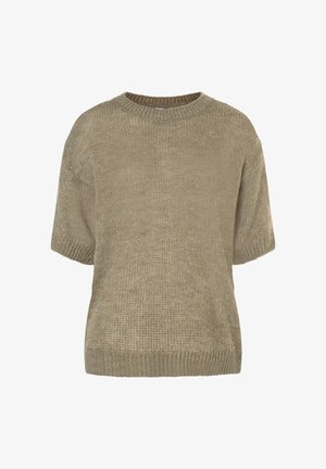 Beige kurzärmeliger Strickpullover mit geripptem Rundhalsausschnitt, Bündchen und Saum, der ein weiches, strukturiertes Gewebe zeigt.