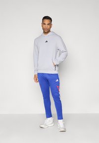 Felpa grigia con cappuccio e logo nero, con tasca a canguro, abbinata a pantaloni jogger blu con dettagli rossi e righe bianche sui lati.