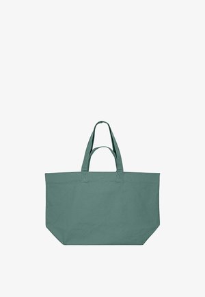 Grand sac cabas rectangulaire vert olive avec doubles anses plates, en tissu, présenté sur un fond blanc.