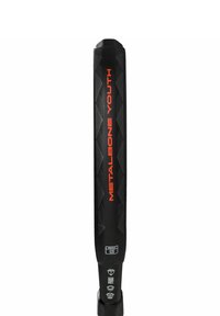 Schwarzmetallischer Baseballschläger mit strukturiertem Griff, der "METALBONE YOUTH" in Orange zeigt. Hat ein Gewicht von 330 Gramm und eine Länge von 34 Zoll.