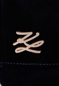 Goldfarbener Brosche mit einem fließenden Design, geschmückt mit klaren Strasssteinen, montiert auf einem dunklen Samthintergrund.