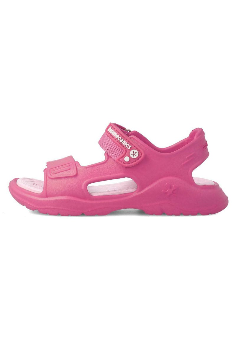 Pinke Gummisandale mit einem strukturierten Riemen, verstellbarem Klettverschluss, offenes Design und ausgeschnittenen Abschnitten zur Belüftung. Flache Sohle.
