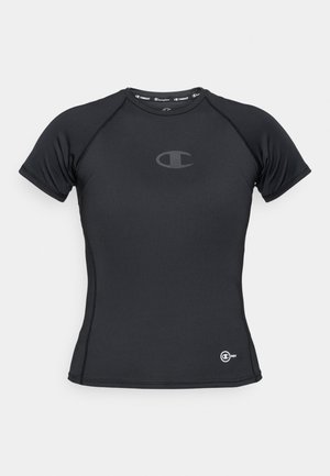 Black athletic t-shirt made from stretchy fabric. Features short sleeves, a round neck, and a subtle logo on the chest and hem.