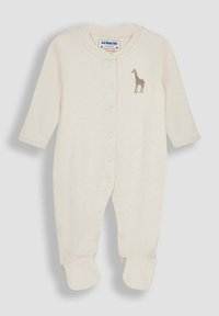 Cremfarbener Baby-Overall aus weichem Stoff, mit langen Ärmeln, Druckknöpfen, Füßchen-Design und einem gestickten Giraffenmotiv.