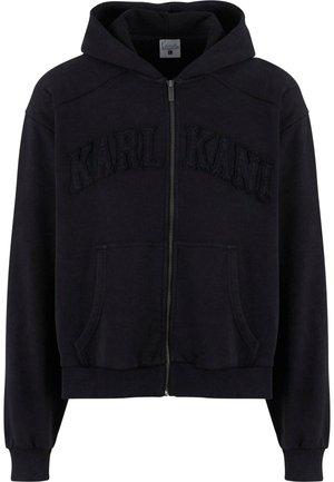 Hooded zip-up sweatshirt in dark navy cotton blend. Features embroidered "KARL KANI" logo, front pockets, and ribbed cuffs and hem.
