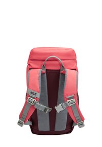 Rosa Rucksack mit Roll-Top-Design, grauen Netzriemen und verstellbaren Schnallen. Hat einen burgunderroten Akzent am Boden für zusätzlichen Kontrast.