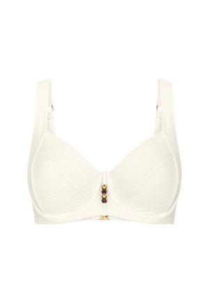 Biały wyściełany biustonosz z szerokimi, regulowanymi ramiączkami oraz trzema dekoracyjnymi złoto-brązowymi koralikami na środku z przodu.