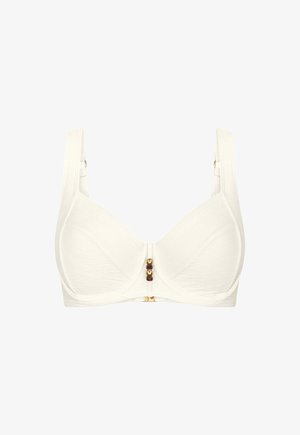 Biały wyściełany biustonosz z szerokimi, regulowanymi ramiączkami oraz trzema dekoracyjnymi złoto-brązowymi koralikami na środku z przodu.