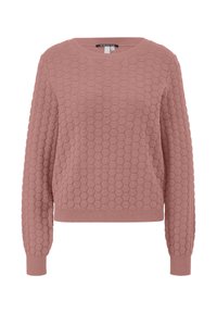 Różowy sweter z dzianiny o teksturowanym wzorze w plastrze miodu, okrągły dekolt, długie rękawy oraz ściągacze u mankietów i u dołu. Miękki, przytulny materiał.