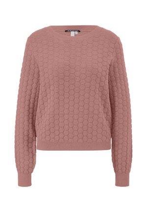 Rosa Strickpullover mit strukturiertem Honigwabenmuster, rundem Ausschnitt, langen Ärmeln sowie gerippten Bündchen und Saum. Weiches, kuscheliges Material.
