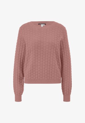 Rose knit sweater with a textured honeycomb pattern, round neckline, long sleeves, and ribbed cuffs and hem. Soft, cozy material.
