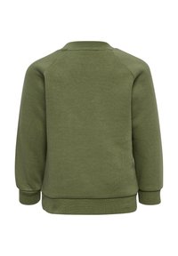 Zielona bluza, miękki materiał, okrągły dekolt, raglanowe rękawy, ściągacze przy mankietach i u dołu, gładka struktura, jednolity kolor bez wzorów.