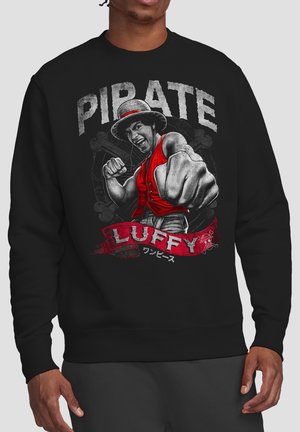 Black sweatshirt with a graphic of a smiling pirate wearing a red vest and straw hat punching forward, with "PIRATE LUFFY" text.