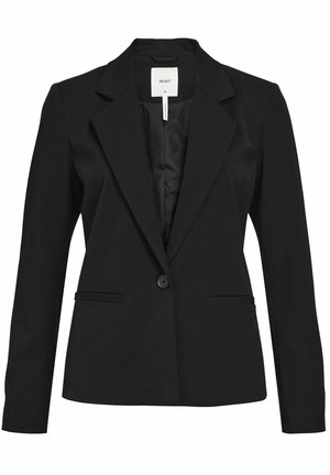 Blazer noir ajusté avec revers crantés, fermeture à un bouton, deux poches avant et une texture lisse. Intérieur doublé.