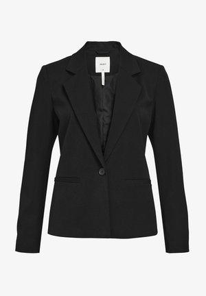 Blazer noir ajusté avec revers crantés, fermeture à un bouton, deux poches avant et une texture lisse. Intérieur doublé.