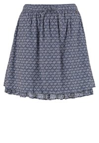Jupe bleue avec motif géométrique d'étoiles blanches, taille élastique et détail discret de volant à l'ourlet.