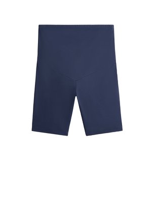 Mornarsko modri kopalni šorti z gladko teksturo, srednje dolžine in poševnim šivom. Elastični pas za udobje in prileganje.