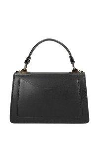 Sac à main en cuir noir au design structuré, avec une poignée supérieure, des détails de couture subtils et des accents minimalistes.