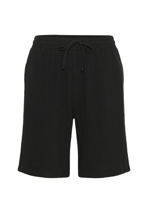 Black shorts made of a lightweight fabric, featuring an elastic waistband with a drawstring, straight cut, and no visible patterns or accents.