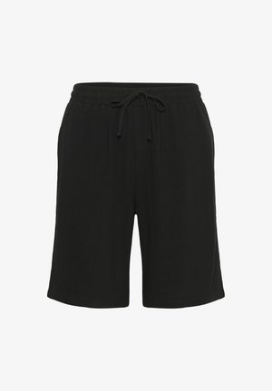 Svarta shorts gjorda av ett lättviktigt tyg, med resårmidja och dragsko, rak passform och inga synliga mönster eller detaljer.