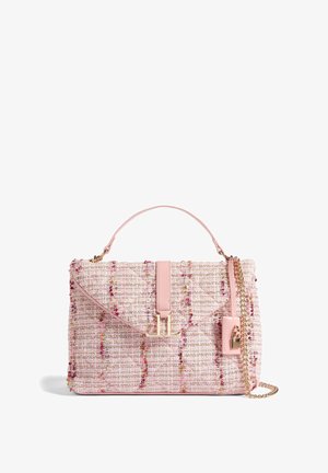 Pink tweed handbag with a structured shape, featuring a flap closure, gold hardware, and a detachable chain strap. Textured with colorful threads.
