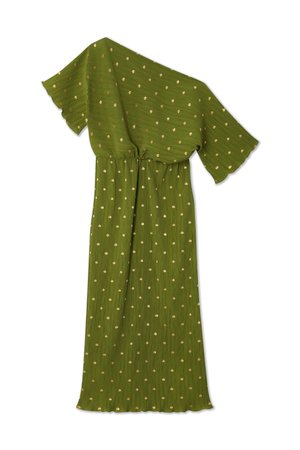 Grünes Kleid mit goldenen Punkten, das eine asymmetrische Halslinie, kurze Ärmel und eine taillierte Silhouette aufweist, die am Saum ausgestellt ist.