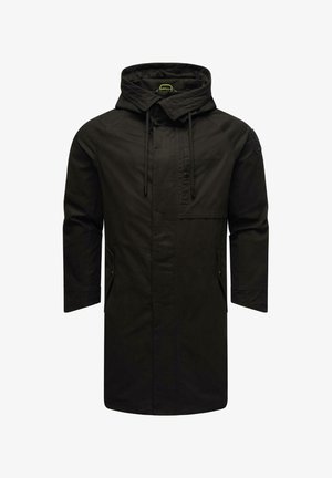 Mustikas pikk mantel, millel on kapuuts, esine nuppude sulgemine ja kaks külgmist taskut. Valmistatud vastupidavast kangast, millel on sile tekstuur.